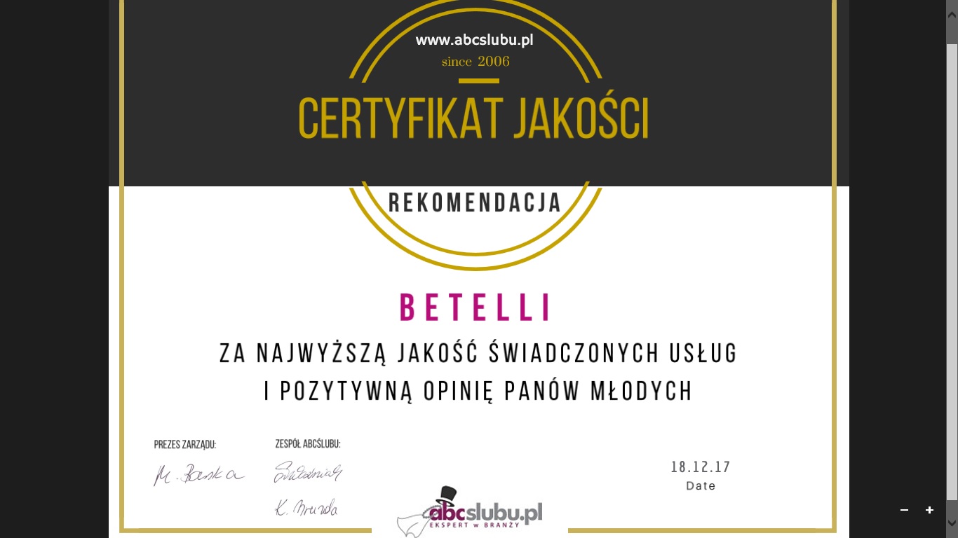 Certyfikat jakości od portalu abcslubu.pl dla Betelli!